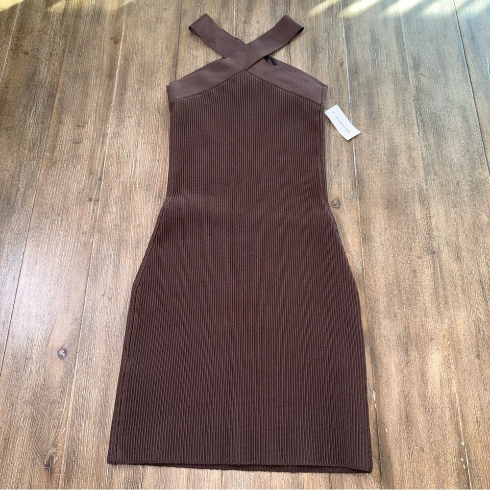 Aritzia Babaton Sculpt Knit Dress Coffee Bean Bodycon Crossover Ftont Mini - Picture 10 of 11